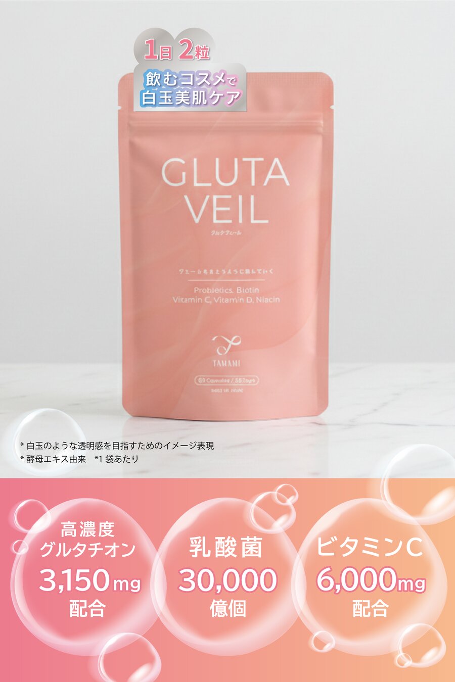 GLUTA VEIL 1日2粒 飲むコスメで白玉美肌ケア 高濃度グルタチオン3150mg配合 乳酸菌30000億個 ビタミンC6000mg配合
